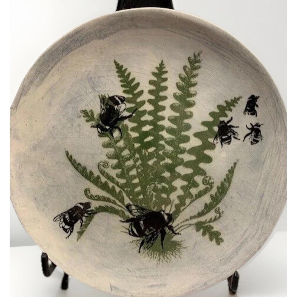 VTG Art Honeybee Fern OOAK Art Deco Plate Eclectic Ceramic Pottery Wanderlust